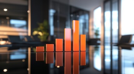 Poster - A 3D bar graph showcasing business profits, with bold, stacked bars representing various revenue streams, set on a reflective surface in a modern office setting