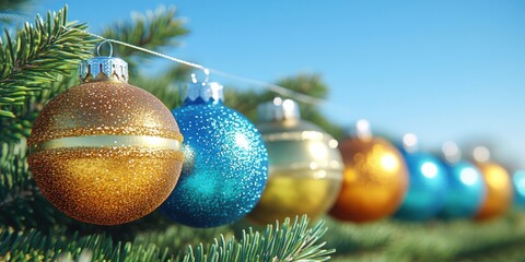 Aufkleber - A festive garland of sparkling ornaments adorns a lush evergreen branch against a backdrop of a clear, azure sky.