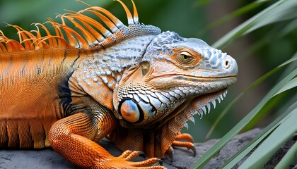 Vibrant Close-Up Portrait of an Iguana Showcasing Striking Orange and Blue Scales