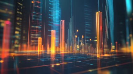 Poster - A 3D bar graph with transparent glass-like bars rising to different heights, representing financial growth on a dark, futuristic grid.