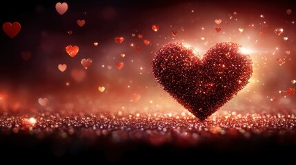 Poster - A sparkling red heart formed from glitter rests on a shimmering background of red and gold light, surrounded by smaller hearts floating in the air.