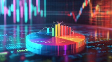 Poster - A 3D financial pie chart with vibrant colors, representing different revenue streams, set against a digital background with stock market graphs in the distance.
