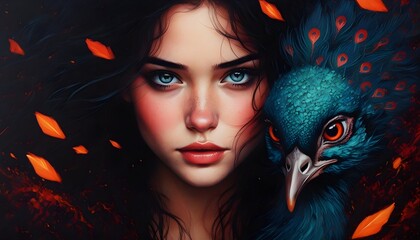 Wall Mural - Enigmatic Woman Embraced by a Majestic Peacock in an Ethereal Setting