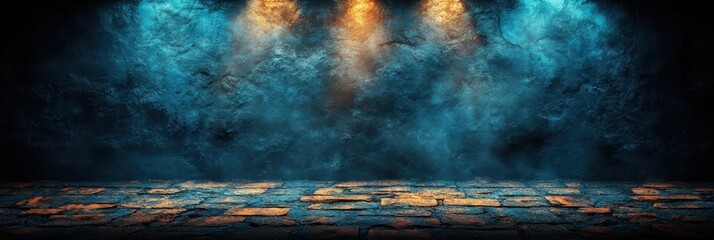 Poster - A mysterious and ethereal scene with a textured brick floor bathed in the warm glow of spotlights against a dark blue backdrop.
