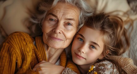 The tender bond between a grandmother and her granddaughter as they embrace.