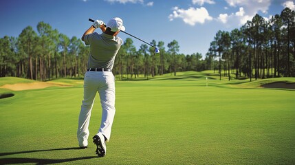 Wall Mural - A golfer takes a swing on a golf course.