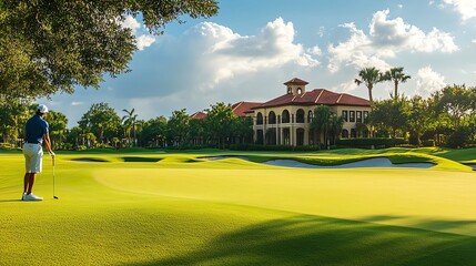 Wall Mural - A golfer stands on a green and looks out over a golf course towards a large building.