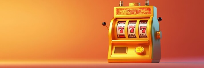 A vintage-style golden slot machine in a 3D cartoon format, isolated on a soft pastel background with minimalistic design