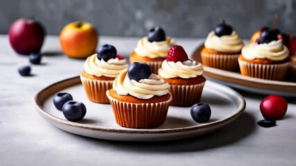 Wall Mural -  Delicious cupcakes with fruit toppings ready to be enjoyed