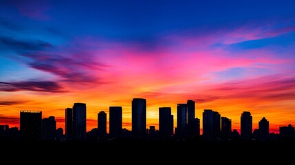 A breathtaking sunset view of a skyline silhouette, with skyscrapers standing tall against a colorful sky, evoking a sense of tranquility and reflection