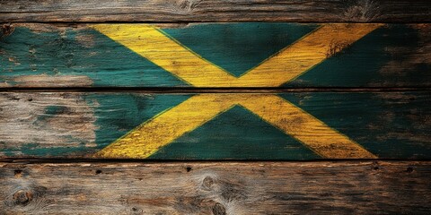 Poster - A Rustic Wooden Surface Decorated with a Diagonal Yellow and Green Pattern