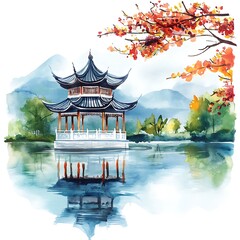 Poster - Watercolor Painting of a Traditional Chinese Pagoda Reflected in a Still Lake.