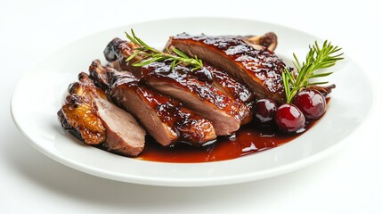 Poster - Roasted duck breast served with a cherry sauce and rosemary.