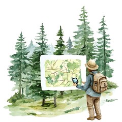 Canvas Print - Watercolor Illustration of a Person Hiking Through a Forest.