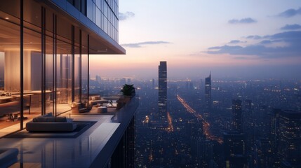 a captivating image of a skyscraper rooftop terrace with a breathtaking view of the city, highlighti