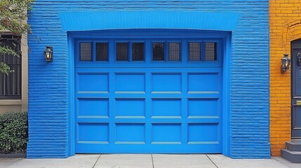 Poster - A vibrant blue garage door framed by brick walls, with a contrasting yellow wall to its right, adds a pop of color to the urban streetscape.
