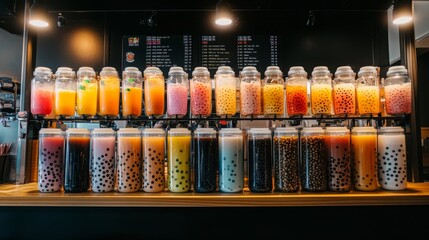 Poster - A captivating shot of a bubble tea shop's colorful menu board, displaying various flavors and toppings, set against the lively backdrop of atmosphere