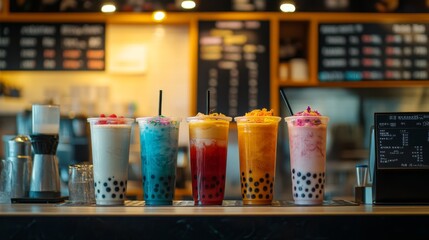 Poster - A captivating shot of a bubble tea shop's colorful menu board, displaying various flavors and toppings, set against the lively backdrop of atmosphere