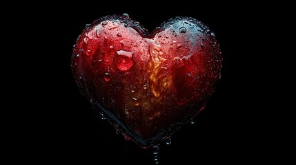 Aufkleber - A glistening heart shaped fruit with water droplets clinging to its surface, creating a vivid and dramatic display against a black background.
