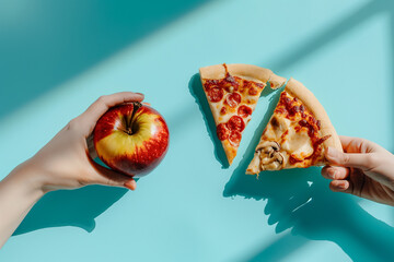 Hand holding apple and another hand holding pepperoni pizza slice on a turquoise background, symbolizing healthy choices versus indulgence, perfect for diet and food themes