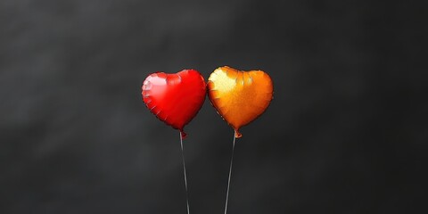Aufkleber - Two heart-shaped balloons, one red and one gold, float gracefully against a dark background, symbolizing love and celebration.