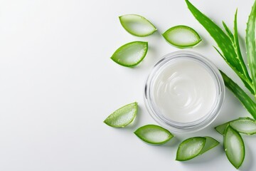 Wall Mural - Aloe vera cosmetic cream in product container with glass bottle on white background. Skin face and body care hygiene anti wrinkle lotion wellness dermatology medicine therapy treatment - generative ai