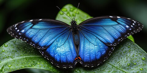 Poster - A Vibrant Blue Morpho Butterfly Rests on a Dew-Covered Leaf, Its Wings Displaying Intricate Patterns and a Striking Iridescent Sheen