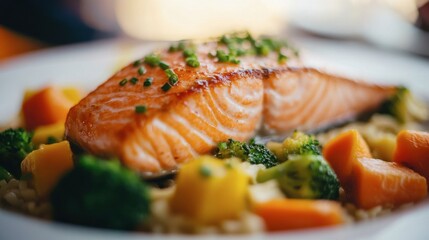 A beautifully plated salmon fillet garnished with herbs, served on a bed of colorful vegetables, showcasing a healthy and appetizing meal.