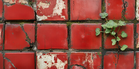 grass grows from red ceramic tiles