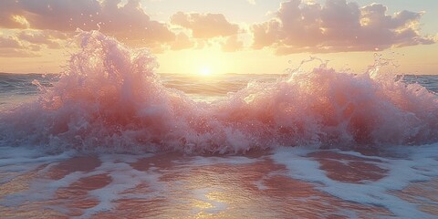 Poster - A wave crashes on the shore, creating a burst of white foam against the backdrop of a vibrant orange sunset, illuminating the water with a warm glow
