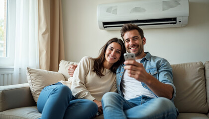 young happy man and woman turning on air conditioner sitting on sofa at home. smiling couple of home