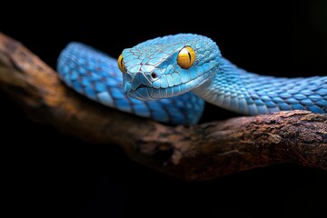 Blue viper snake on branch with black background, viper snake ready to attack, blue insularis snake, generative ai