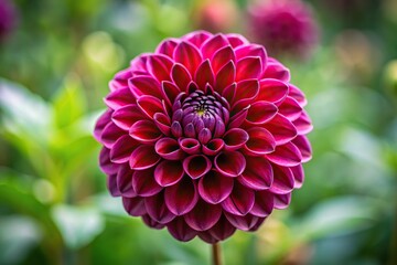 High angle view of a wine colored dahlia in the shade with blurred background