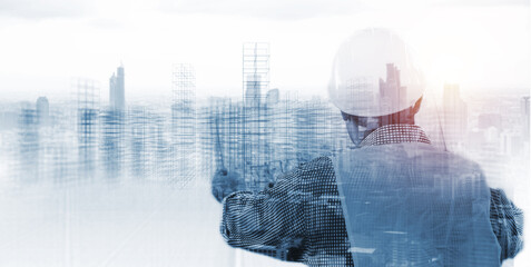 Architect contractor planning with blueprint city building construction development industry design plan project, wireframe cityscape double exposure background banner.