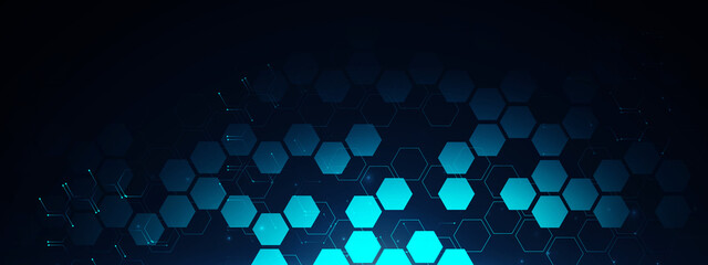 Fototapete - Abstract hexagon blue background banner futuristic business data technology modern concept, polygon shape lines connecting link structure dark blue contrast copyspace.