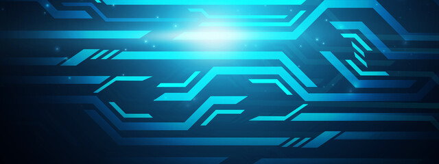 Fototapete - Futuristic business data technology modern computer blue background banner concept, circuit shape lines connecting link structure dark blue contrast.