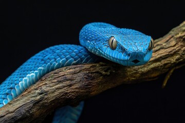 Wall Mural - Blue viper snake on branch with black background, viper snake ready to attack, blue insularis snake, generative ai