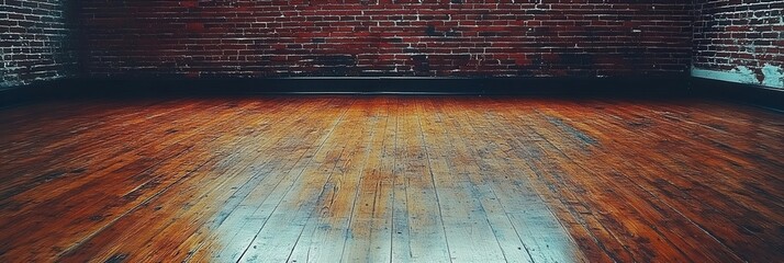 Poster - A weathered brick wall with a distressed wooden floor in a dimly lit room