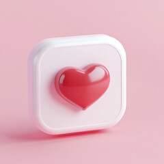 A white speech bubble with a red heart icon on a pink background. 