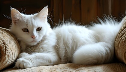 Wall Mural - Serene white cat basking in cozy indoor tranquility