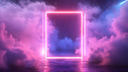 Sticker - A glowing neon pink square frame stands in front of pink and blue clouds with a blue neon light streak in the background.