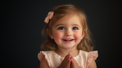 Canvas Print - A little girl with blonde hair and blue eyes smiles brightly, with her hands clasped together in front of her.