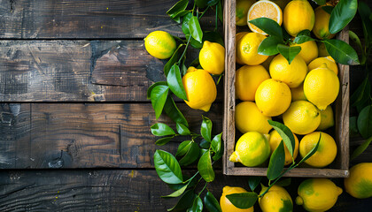 Wall Mural - wooden box of fresh lemons with leaves on a wooden background, top view