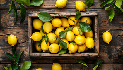 Wall Mural - wooden box of fresh lemons with leaves on a wooden background, top view