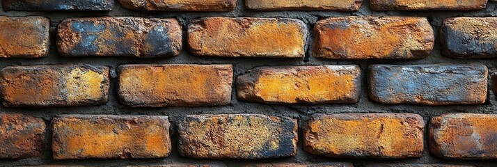 Aufkleber - A weathered brick wall with a blend of rustic orange and blue hues, showcasing the natural beauty of aged brickwork.