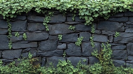 Poster - A weathered gray stone wall is covered in a thick blanket of lush green vines