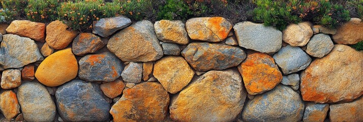 Poster - A weathered stone wall constructed with large, irregularly shaped stones, showcasing a blend of gray, brown, and orange hues, with hints of green foliage peeking out from the top