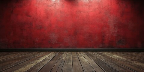 Poster - A Rustic Wooden Floor With a Deep Red Painted Wall