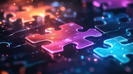 Poster - Futuristic neon puzzle pieces merging in a glowing environment, representing API integration and system collaboration