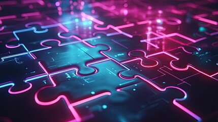 Poster - Futuristic neon puzzle pieces merging in a glowing environment, representing API integration and system collaboration